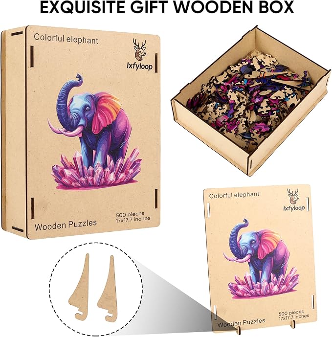 Ixfyloop Colorful Elephant Puzzles for Adults, Wooden Jigsaw Puzzles 500 Pieces, Unique Shape Animal Adult Puzzles with Storage Box, for Teen, Men Women Elders Seniors 17x17.7 inch