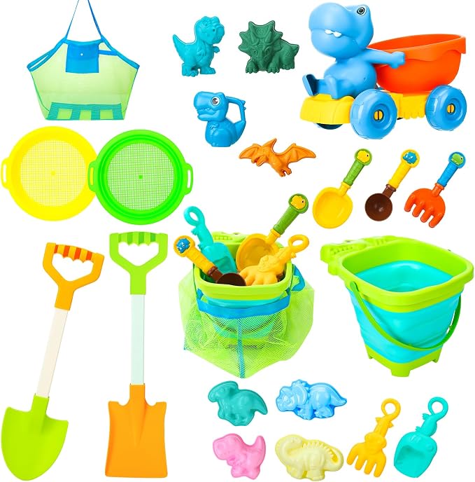 20 Pcs Beach Toys, Dinosaur Sand Toys Include Molds Foldable Bucket Mesh Storage Bag Shovels Dump Truck, Summer Sand Toys for Toddlers Kids
