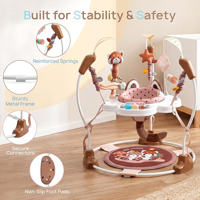 Baby Activity Center, Baby Jumper Activity Center with Music, Interactive Toys, 360° Rotating Seat, 3 Adjustable Heights, Infant Activity Jumper for 6+ Months (Red Panda)