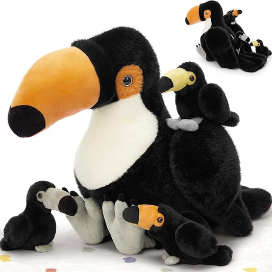 MorisMos 24" Giant Toucan Stuffed Animal Mommy with 3 Baby Toucan Toys for Kid Girl Boy, Realistic Black Bird Plush with Baby Bird Toys Gift for Birthday, Tropical Rainforest Stuffed Animals Decor