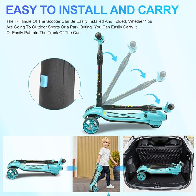 3 Wheel Scooter for Kids, Toddler Scooter with Bluetooth Music Speaker Steam Sprayer LED Lights Aluminum Alloy T-Bar, Folding Kick Scooters for Boys Girls Ages 3-10