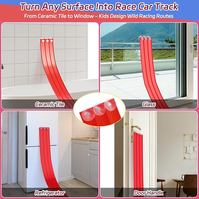 3-Lane Flexible Race Car Track for Kids - 16.4 Ft Race Track Toy with Strong Suction Cups, Roll-Up Portable DIY Racetrack Compatible with 1/64 Diecast Cars