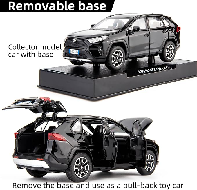 WAKAKAC Model Car 1/32 RAV4 Alloy Diecast Collectible Toy Car with Light and Sound Toy Vehicle Door Can Be Opened for Boys Kids Toddler Gift (Black)