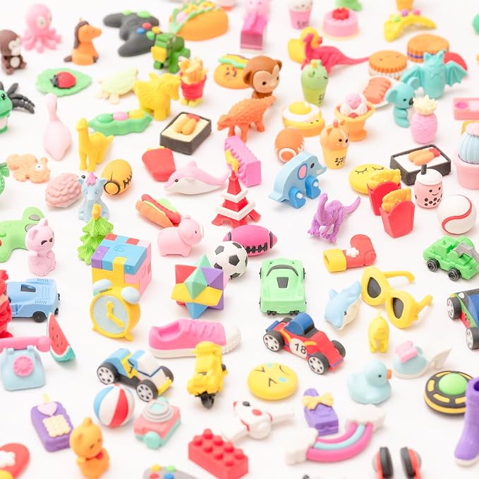 182pcs 3D Cute Kids Erasers, Random Desktop Pet Toys Gifts, Classroom Rewards Kids Party Gifts, Various Styles Such as Animals, Food, Plants, Space, Princess, Sports, Halloween, Christmas