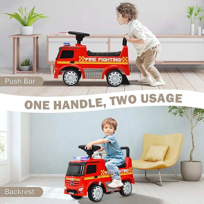 HONEY JOY Ride On Push Car, Licensed Mercedes Benz Push Cars for Toddlers w/Horn, Music, Lights, Under Seat Storage, Foot-to-Floor Ride On Fire Truck Toy for Kids Boys Girls 1-3, Red