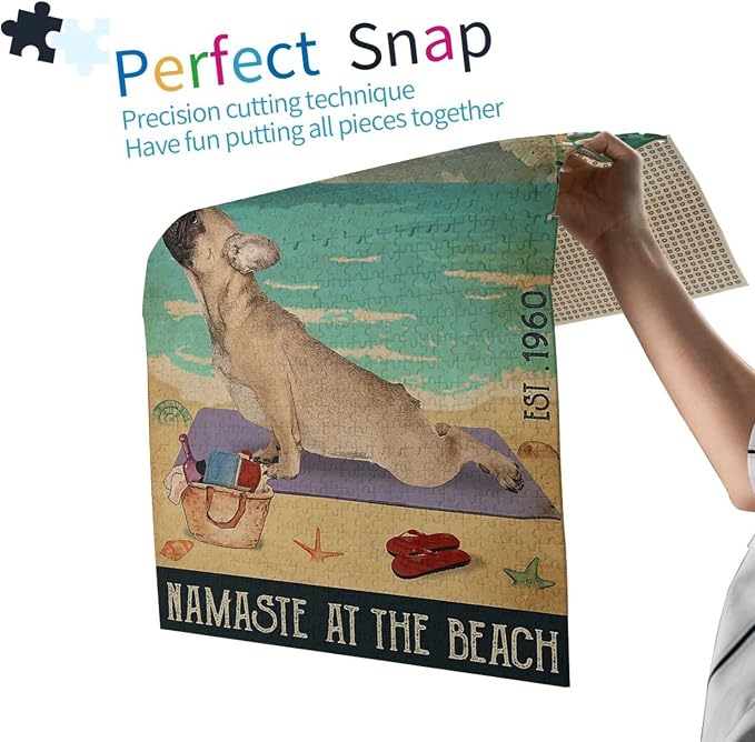 Beach Yoga Club French Bulldog Jigsaw Puzzles for Adults 1000 Piece, Adult Children Intellective Educational Toy DIY Home Decoration