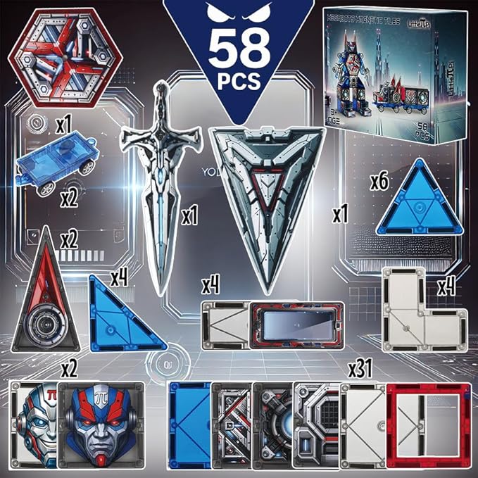 Little Pi Magnetic Tiles MegaBots 58 PCS | Heroic Transformation Robots with Sword & Shield | STEM Creative Building Play for Kids Age 3 4 5 6 7 8