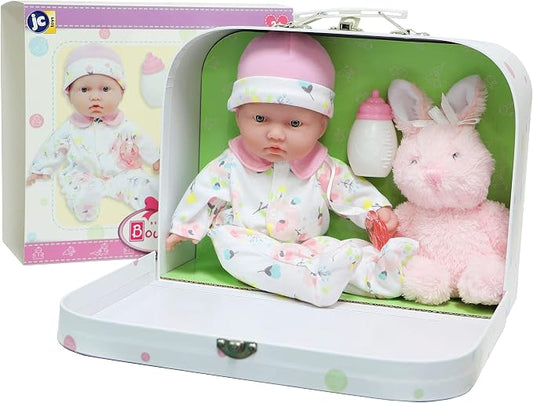 JC Toys - La Baby Travel Case Gift Set| Caucasian 11-inch Small Soft Body Baby Doll | Washable | Cute Outfit, Bottle, Pacifier & Plush Bunny | for Children 12 Months +, Pink
