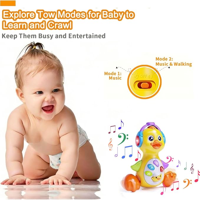 Musical Light Up Duck, Crawling Tummy Time, Educational Learning Dancing Toy for 1 Year Old, 0-3-6-12 Month Baby Infant Gifts
