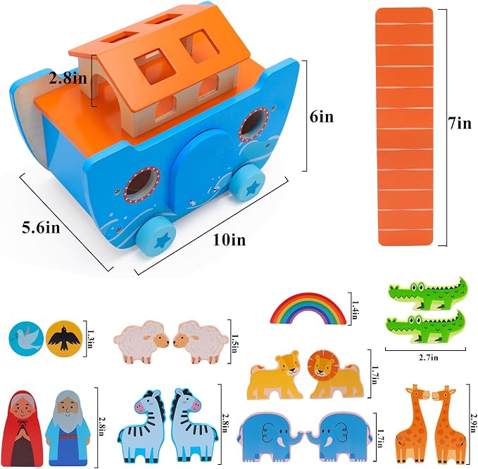 Yelakey Wooden Noah's Ark Toy Baptism Gifts for 1 2 3 4 Years Old Baby Boy and Girl Montessori Educational Toy for Toddlers with Bible Story Animal Shape Sorter