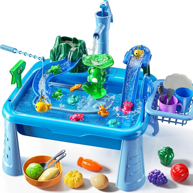Water Table Play Sink Toy for Kids 2 3 4 5 6 Years Old - Outdoor Kitchen with Running Water, Fishing Games, Toddler Water Play Table for Kids Ages 3-8, Beach Outdoor Toys, Birthday Gifts 2+ 3-5 (Blue)