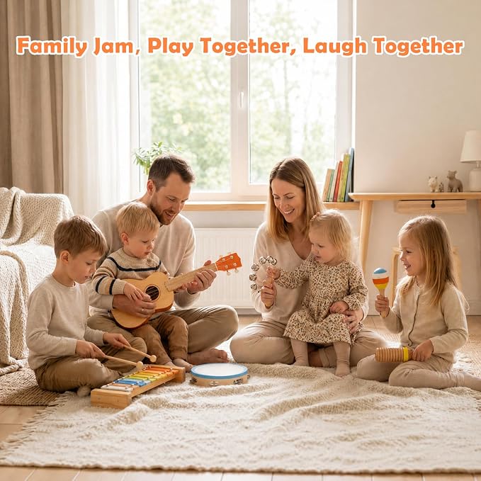 Kids Guitar Set, 6-in-1 Musical Instruments Set for Toddlers 2-3, Montessori Wooden Music Toys with Ukulele/Xylophone/Tambourine/Maracas, Birthday for Ages 2+ Girls Boys