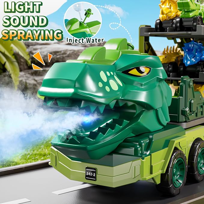 10 in 1 Dinosaur Truck Toys for Kids Aged 3-5 4-8 with Foldable Race Track, Carrier Truck with 9 Dinosaur Toy Car for Boys, Spraying, Light and Sound, Birthday Gifts for Girls Toddlers 5-7