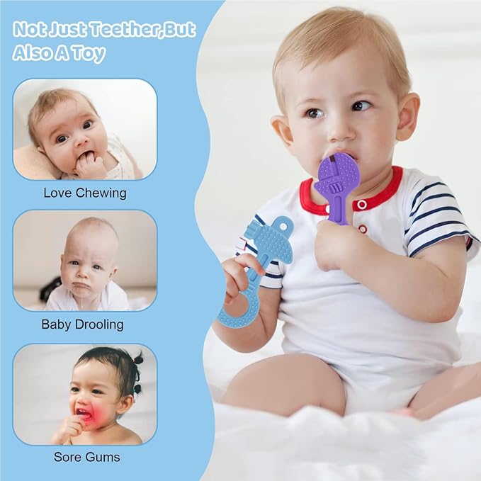 Yinghezu 4 Pack Chew Baby Teething Toys for 0-12 Months, Freezable BPA Free Silicone Baby Molar Teether Chew Toys, Hammer Wrench Spanner Pliers Shape Baby Girl's Boy Car Seat Toy