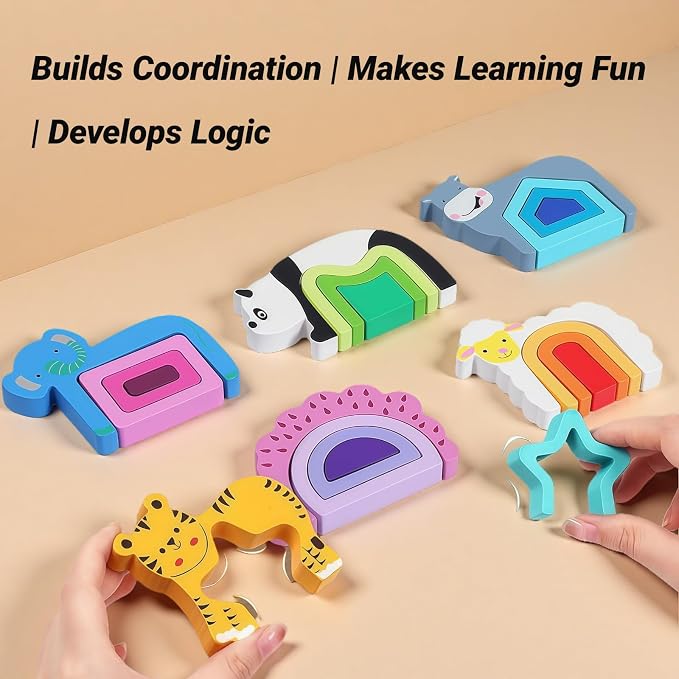 Montessori Wooden Stacking Puzzle Toys，Shape Sorter Toys with 6 Animals & Colors, Educational Preschool Learning Sorting Toy for Boys Girls