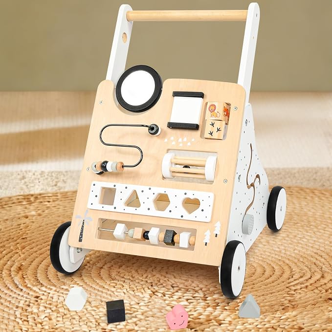 Wooden Baby Walker for Toddlers 1-3, Adjustable Height Montessori Push Toy with 9-in-1 Activity Center, Baby Push Walker with Wheels for Learning to Walk, Gift for 12 Month Old Girls Boys