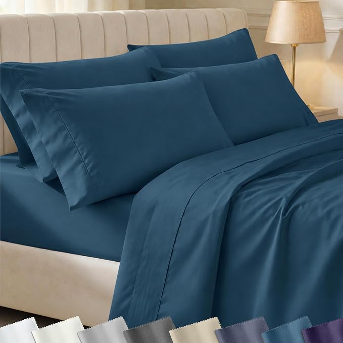 California Design Den 6-Pc King Size Sheet Set with 4 Pillowcases - Soft 400 Thread Count 100% Cotton Sheets, Sateen Weave, Deep Pocket Bedsheets Set - Peacock Blue