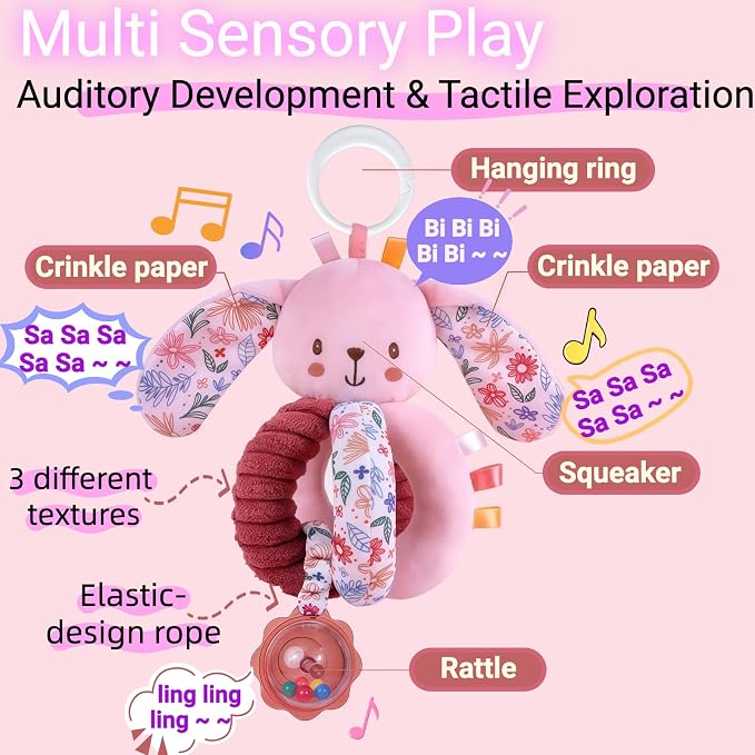 Baby Stroller Hanging Car Seat Toys for Infants 0-6 Months Girl 0-2-3-4-5-7-8-9-10 6-12-18 Month Old Newborn Gifts, Carseat Pink Plush Bunny Travel Toy for Babies Boy Play Gym Rattle Squeaky
