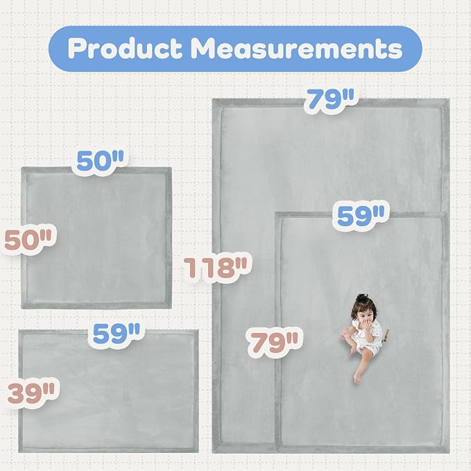 1.5" Thick Padded Baby Play Mat for Floor Tummy Time, Pro Soft Foam Activity Playroom Playmats, Easy Care with Non-Slip Safe for Infant Toddlers Crawling 79"x 79" (Light Grey)
