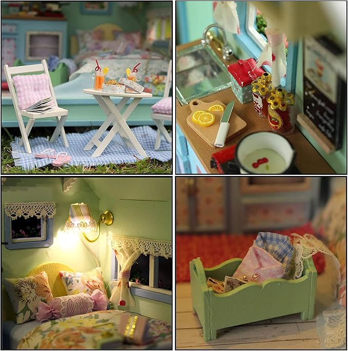 CUTEROOM DIY Miniature Wooden Caravan Dollhouse Kit with Furniture - Creative Mini Doll House Craft for Adults, Teens - Perfect Christmas Birthday Gift