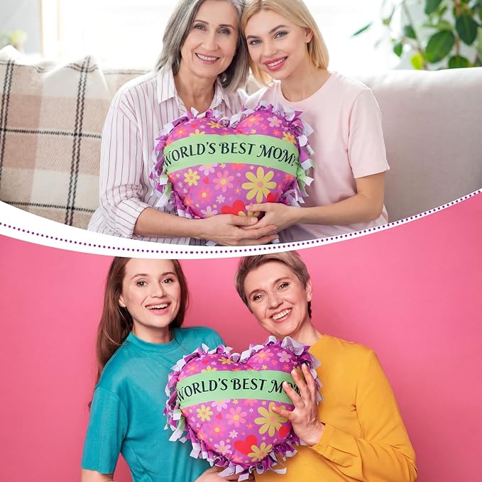 Weysat 6 Sets Mother's Day Heart Tied Pillow Craft Kit DIY World's Best Mom Pillow Craft Gifts with PP Cotton Flower Love Heart Cushion Covers for Love Grandma Wife Mother's Day Party Decor