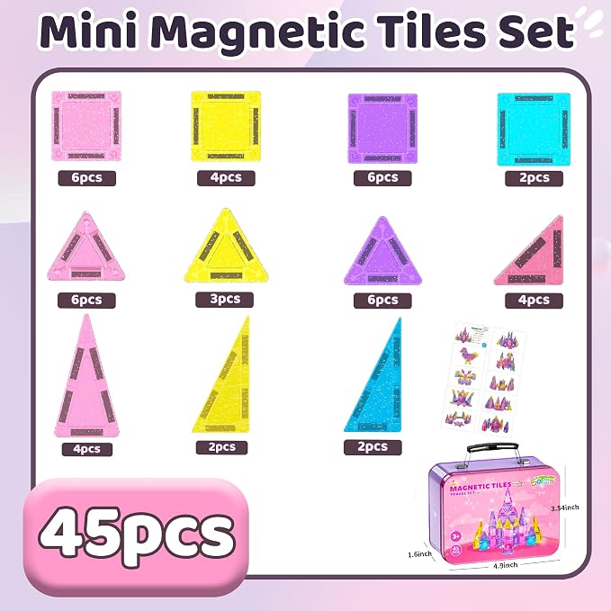 SKTMYY Travel Magnetic Tiles Set for Girls,Pink Mini Portable Magnet Toys with Iron Case,Travel Toys for Kids Ages 4-8,Ideal Toddler Birthday Valentines Day Gifts