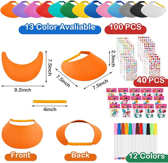 Outus 141 Pcs Assorted Craft Decorations with 100 Foam Visors for Kids, DIY Sun Visor Kit with Stickers & Markers for Arts & Crafts Activities (Classic Color)