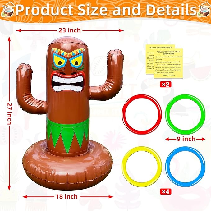 27" Inflatable Luau Tiki Pool Toss Games, Tiki Pool Ring Toss Toys with 4 Rings for Adults Indoor Outdoor Tropical Summer Swimming Inflatable Bean Bags Toss Hawaiian Luau Party Supplies
