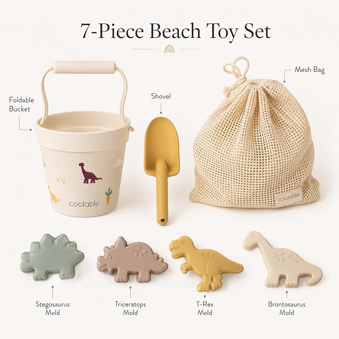 6-Piece Silicone Beach Toys Set for Kids - Foldable Sand Bucket, Shovel, 4 Sand Molds and Mesh Bag - Dinosaur World