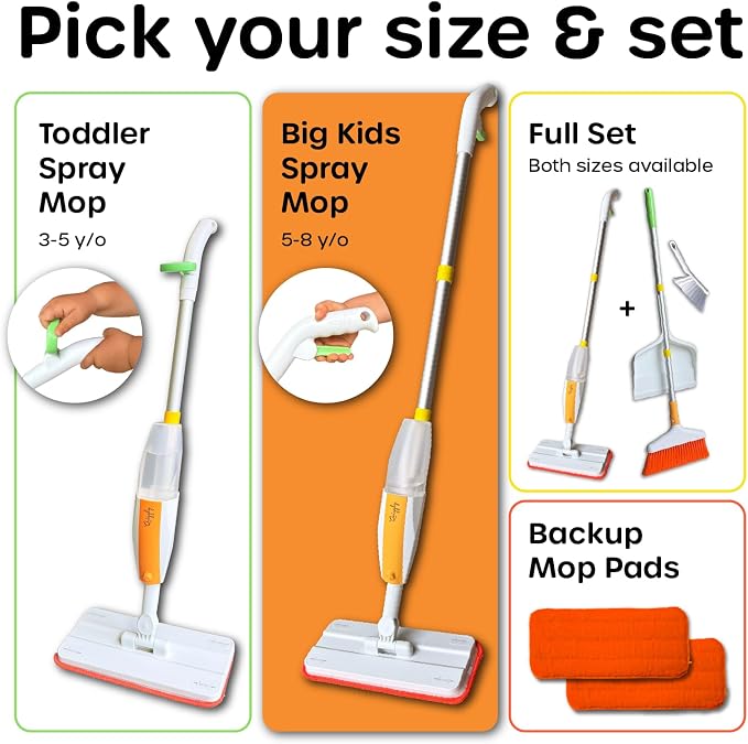 Quiggly Big Kid Toy Spray Mop - Montessori Real Water Sprayer, Ages 5-8 | One-hand squeeze & spray, make pretend cleaning chores functional