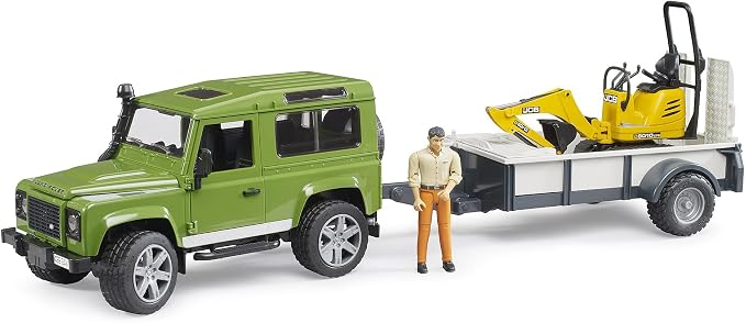 Bruder Land Rover Defender Rigid Drawbar Trailer Jcb Micro Excavator and Construction Worker