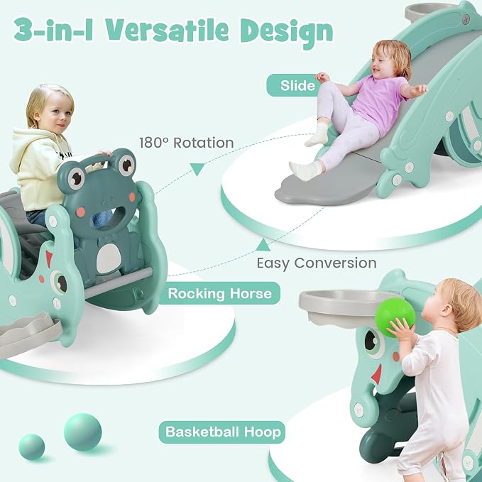 Costzon 4 in 1 Toddler Slide Rocking Toy, Slide for Kids with Basketball Hoop, Rocking Horse, Climber Playground for Both Indoors Outdoor Use (Green Frog)