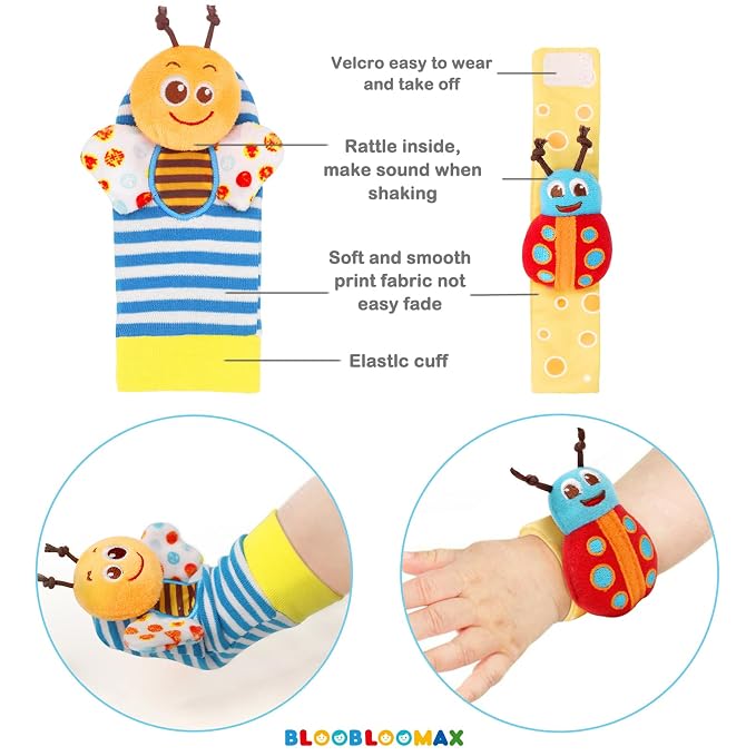 Bloobloomax Baby Wrist Rattle Socks & Foot Finder Toy-Gift for 0-36M | Infant Essentials Wristband Hand & Feet Rattles | Sensory Toys for 0-3Years Newborn Boys and Girls As Shower Present