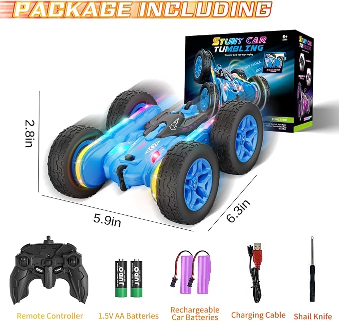 Terucle Remote Control Car, Rc Cars Stunt Toys New Upgraded Strip Lights and Headlights Toys Double-Sided 360° Rotating 4WD Drift Truck for Boys Girls Birthday Gift (Blue)