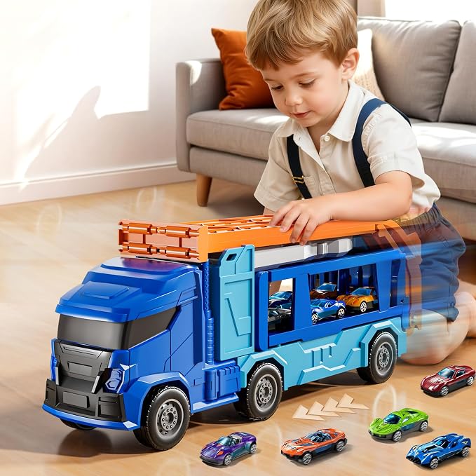 Truck Toys Car Track Set for 3 4 5 6 Years Old Boys, Carrier Truck Transporter Car Race Track with 12 Die-Cast Racing Car Toys, Birthday Gifts for Toddlers Kids Girls Age 3 4 5 6 7 8