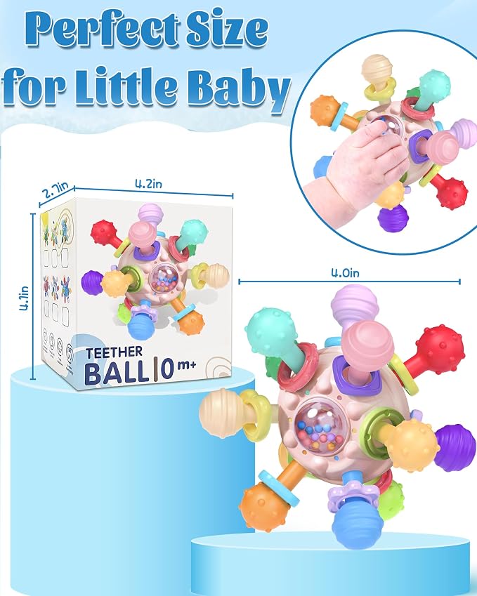 Baby Teething Toys for Babies Girl Toys Gifts, Rattles Chew Sensory Montessori Toys for Newborn Infants, Tummy Time Shower Gifts for Babies - Pink