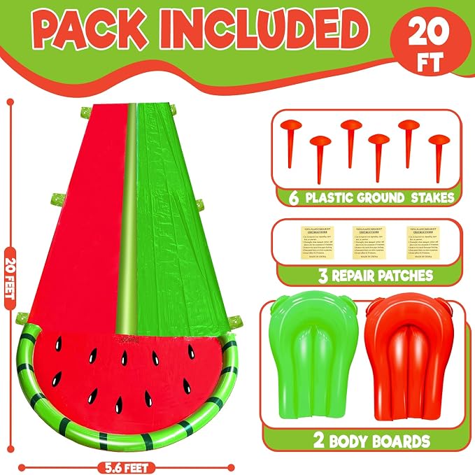 [ 3 Sided Safe Fence ] Watermelon Lawn Water Slides with 2 Bodyboards for Kids Adults, Heavy Duty Water Toys Sprinkler 2 Race Lane Outdoor Summer Beach Swimming Pool Water Game Party, 20 x 5.6 ft
