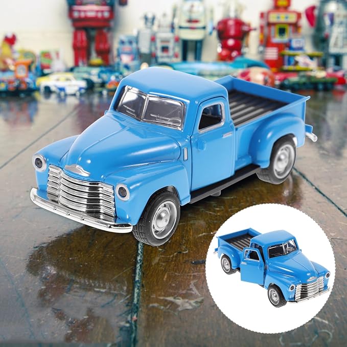 Classic Diecast Metal Pickup Truck Model, Vintage Blue Stepside Toy Vehicle Retro Alloy Car Figurine for Home Office Tabletop Decor Collectible for Kids and Adults
