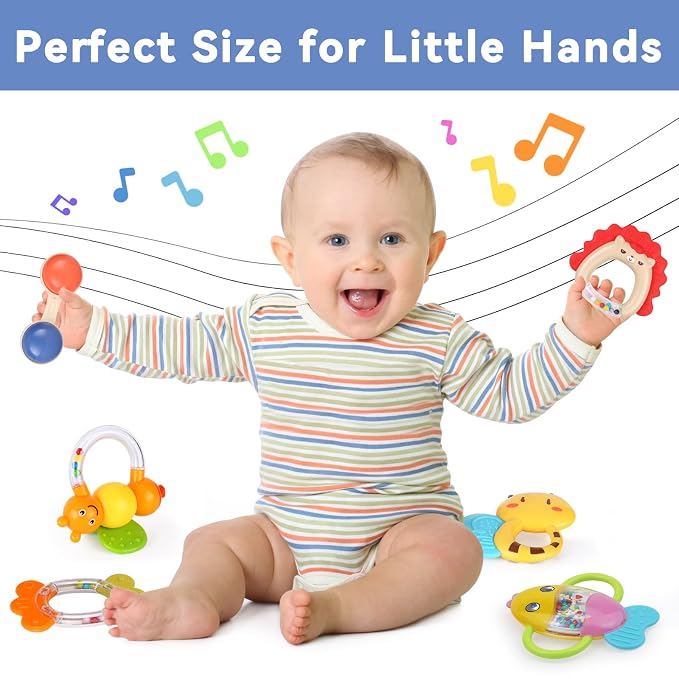 MOONTOY 9pcs Baby Rattles Infant Teething Toys Teethers Sensory Toys for Babies 3-6 Months 6-12 Months Boy Girl Gifts