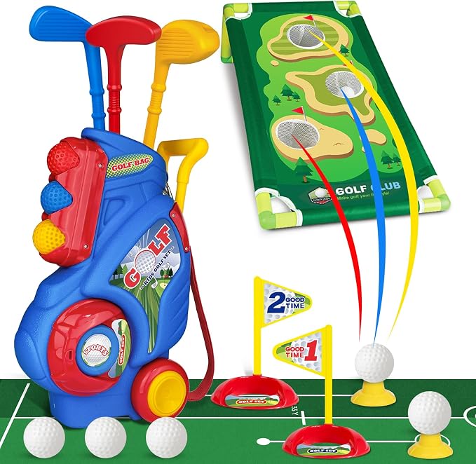 Toddler Golf Set for Boys Girls 2 3 4 Years Old, Upgraded Kids Golf Cart with Putting Mat & Cornhole Board, Outdoor Indoor Sports Toys, Blue
