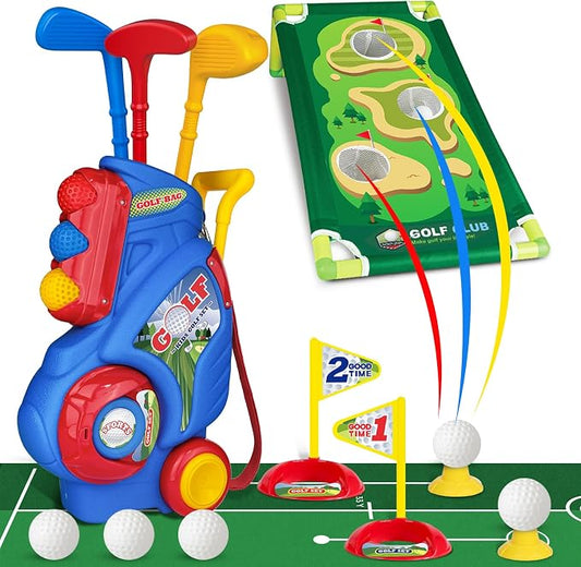 Toddler Golf Set for Boys Girls 2 3 4 Years Old, Upgraded Kids Golf Cart with Putting Mat & Cornhole Board, Outdoor Indoor Sports Toys, Blue