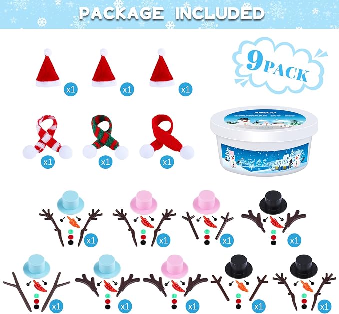 Aneco 9 Pack Christmas Snowman DIY Craft Kit Build Snowman Air Dry Clay Christmas Gift Decor Modeling Clay Winter Game for Holiday Party Home Supplies