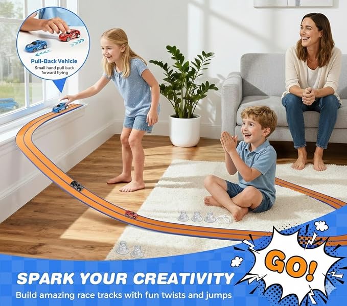 15 Ft Flexible Race Track for Kids, DIY Car Track Set with 2 Toy Cars & 3 Suction Cup Ramps, Easter Basket Stuffers for Teens & Boys Girls, Creative Easter Gifts for Kids, Orange