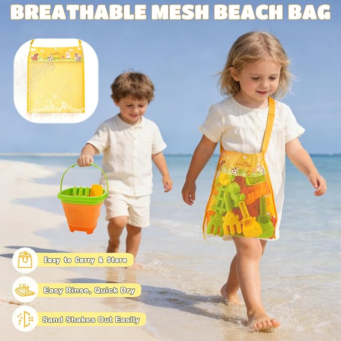 Dreamon 29PCS Beach Toys for Kids – Collapsible Beach Buckets, Shovels, Rakes & Animal Sand Molds with Mesh Bag – Farm Travel Sand Toys Sandbox Toys for Kids Ages 4-8