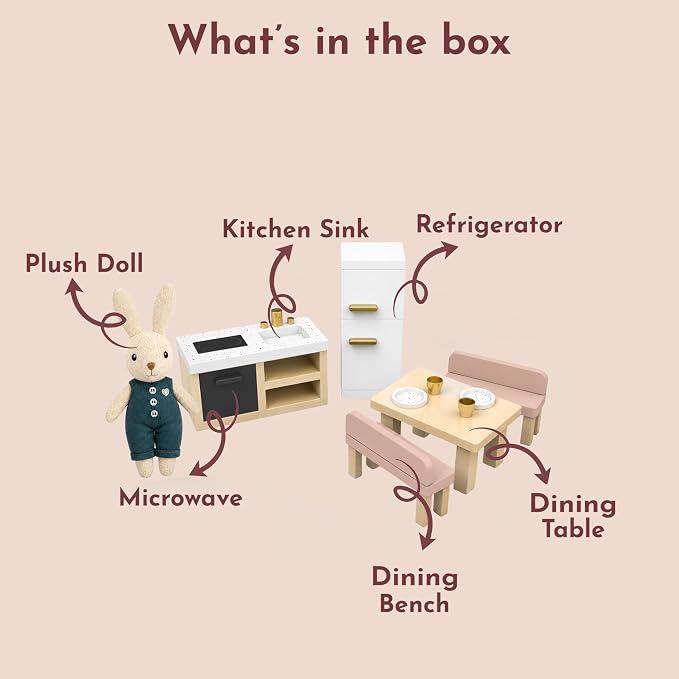 SPEEDY MONKEY Doll House Kitchen Playset with Bunny – Miniature FSC Wooden Kitchen Furniture Set – Dining Table, 4 Chairs, Fridge & Accessories – Pretend Play Doll House Decor Toy for Kids & Girls