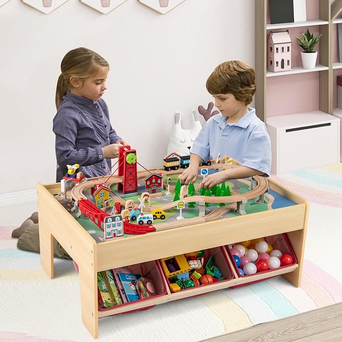 HONEY JOY Train Table, Wooden Kids Activity Table with 3 Storage Bins, 94 Multicolor Pieces, Tracks, Trains, Cars, Toddler Train Table Set with Reversible Tabletop, Gift for Boys Girls Age 3+