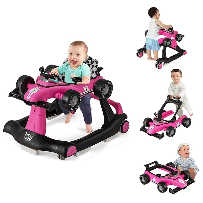 BABY JOY 4-in-1 Baby Walker, Foldable Activity Walker with Adjustable Height & Speed, Music, Lights, Anti-Rollover, Toddler Push Walker, Baby Walker with Wheels for Boys Girls 6-18 Months (Pink)