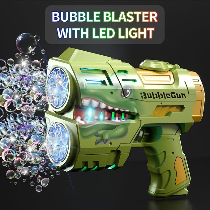 Rechargeable Green Dinosaur Bubble Guns for Kids, LED Light Up Bubble Machine Blower with Bubble Refill Solution for Kids, Bubble Makers Blaster for Toddlers, Summer Wedding Toys Gift
