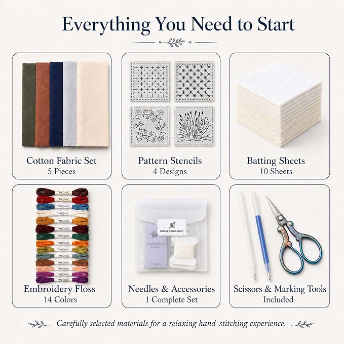 TMEGMIC Sashiko Embroidery Kit for Beginners, DIY Hand Stitching Coaster Making Craft Kit, Makes 10 Pcs in 4 Patterns (DIY Material Kit Only)