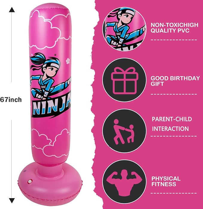 Onirii Kids Inflatable Punching Bag | Large Stable Kids Inflatable Boxing Bag Toy Set with Gloves for Boys & Girls Age 3-12 for Taekwondo,MMA and Practicing Karate